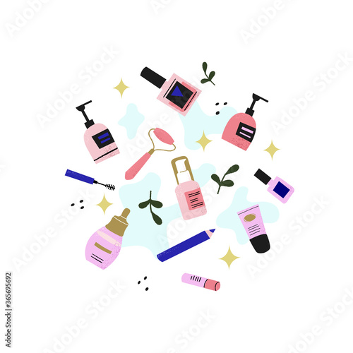 Hand drawn vector illustration set of make up and cosmetics accessory isolated on white background.  Composition of cream tube, lipstick, nail polish, mascara, foundation and 
face massager. 