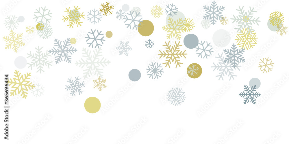 Fototapeta premium Christmas snowflakes background with place for text. Winter gold and silver snow minimal decoration on white, greeting card. New Year Holidays subtle backdrop. Vector illustration EPS 10