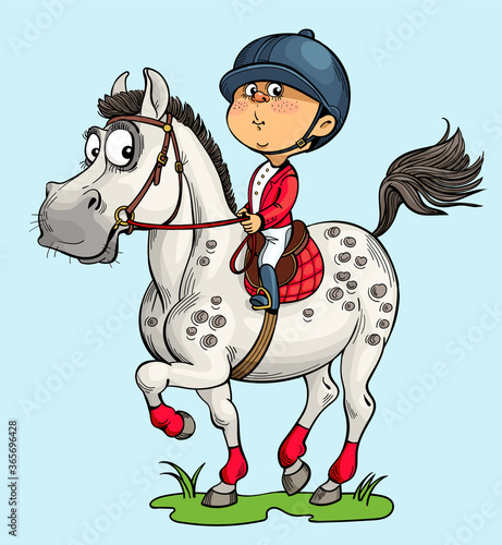 Vector illustration. Funny horseman. A happy child is engaged in horse riding. The dream of a horse.