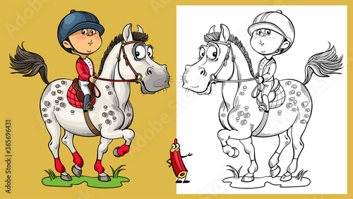 Vector illustration for coloring. Funny horseman. The child is riding a horse. © ellagrin
