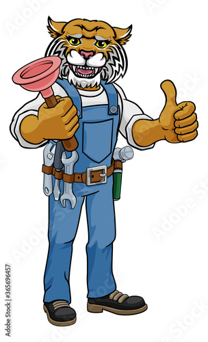 A wildcat plumber cartoon mascot holding a toilet or sink plunger giving a thumbs up