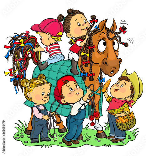 Vector illustration. Funny story at the stable. Children enthusiastically decorate a horse with colorful ribbons and bows. Feed her carrots.