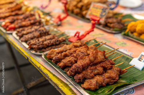 Meat on a stick at night market in Chiang Mai