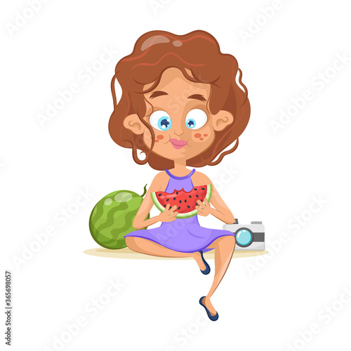 Beautiful brunette woman eating watermelon