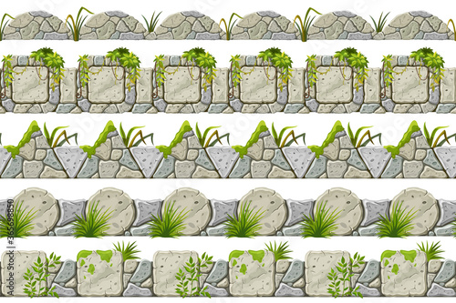 Set of seamless old gray border with liana branches and tropical leaves. Vector stone sidewalks for computer games isolated on white background.