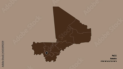 Kidal, region of Mali, with its capital, localized, outlined and zoomed with informative overlays on a administrative map in the Stereographic projection. Animation 3D photo