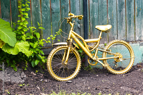 golden bicycle as a formal garden decoration on wooden blue fence background 
