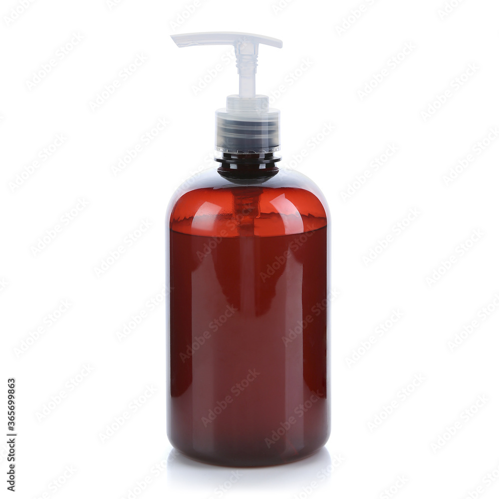 Amber bottle with transparent cap filled with water isolated on white background. Front view. For advertising, branding, mock up & e-commerce