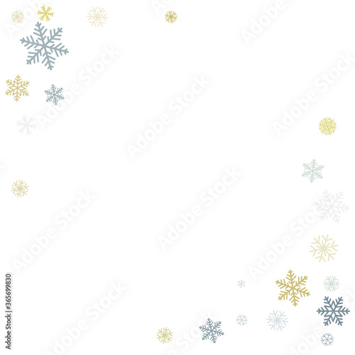 Christmas snowflakes background with place for text. Winter gold and silver snow minimal frame decoration on white, greeting card. New Year Holidays subtle backdrop. Vector illustration 