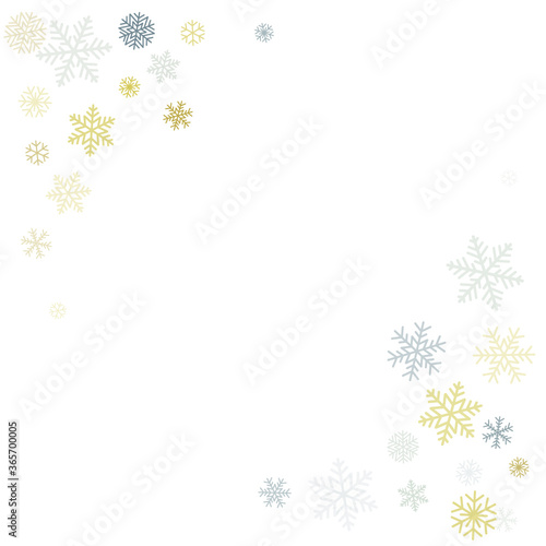 Christmas snowflakes background with place for text. Winter gold and silver snow minimal frame decoration on white, greeting card. New Year Holidays subtle backdrop. Vector illustration 