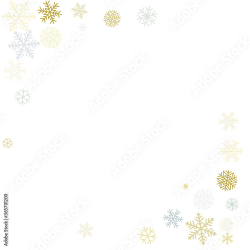 Christmas snowflakes background with place for text. Winter gold and silver snow minimal frame decoration on white, greeting card. New Year Holidays subtle backdrop. Vector illustration 