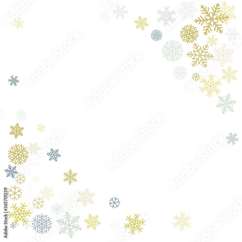 Christmas snowflakes background with place for text. Winter gold and silver snow minimal frame decoration on white, greeting card. New Year Holidays subtle backdrop. Vector illustration 