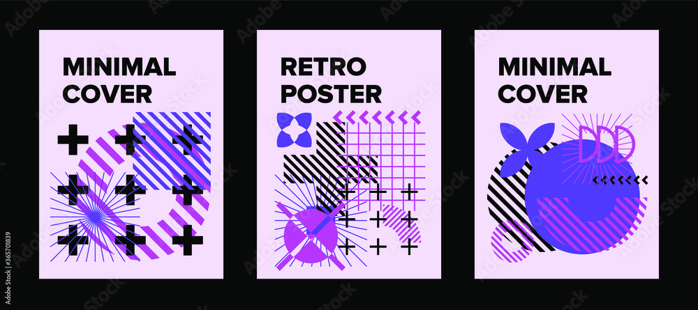 Set of Mid-century modern geometric posters with bold simple shapes in Bauhaus and Neo-memphis retrofuturistic style. Trendy vivid covers.