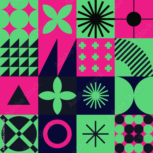 Modern geometric seamless pattern with bold simple shapes in Bauhaus and Neo-memphis retrofuturistic style. Trendy vivid fashion print with minimal composition.