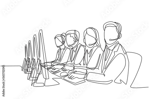 One single line drawing group of male and female customer service team members answer complaint phone call from clients kindly. Call center concept continuous line draw design vector illustration