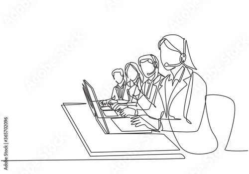 One continuous line drawing group of male and female call center team members answer complain phone call from clients kindly. Customer service concept single line draw design vector illustration