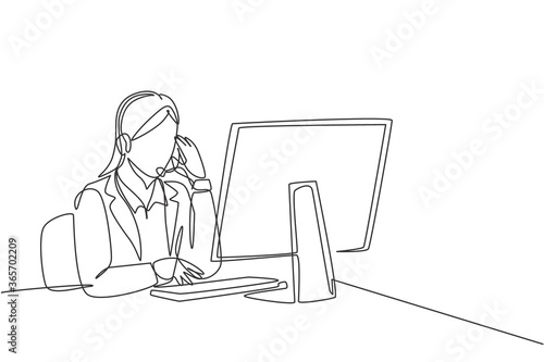 Single continuous line drawing of young happy female call center worker answering complain call from customer kindly. Helpdesk center care concept one line graphic draw design vector illustration