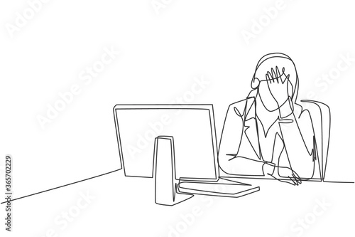Single continuous line drawing of young bored and tired female call center worker answering complain from a lot of customers. Helpdesk center care concept one line draw design vector illustration