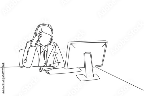 Single continuous line drawing of young confused female customer service worker answering phone call from customers all the day. Helpdesk center care concept one line draw design vector illustration