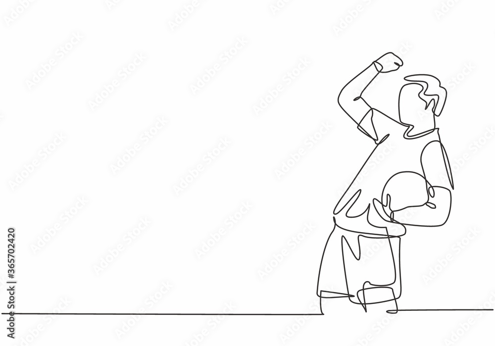One continuous line drawing of young soccer player celebrating goal keeping ball on his hand and punching fist to the sky. Goal scoring celebration concept single line draw design vector illustration One continuous line drawing of young soccer player celebrating goal keeping ball on his hand and punching fist to the sky. Goal scoring celebration concept single line draw design vector illustration