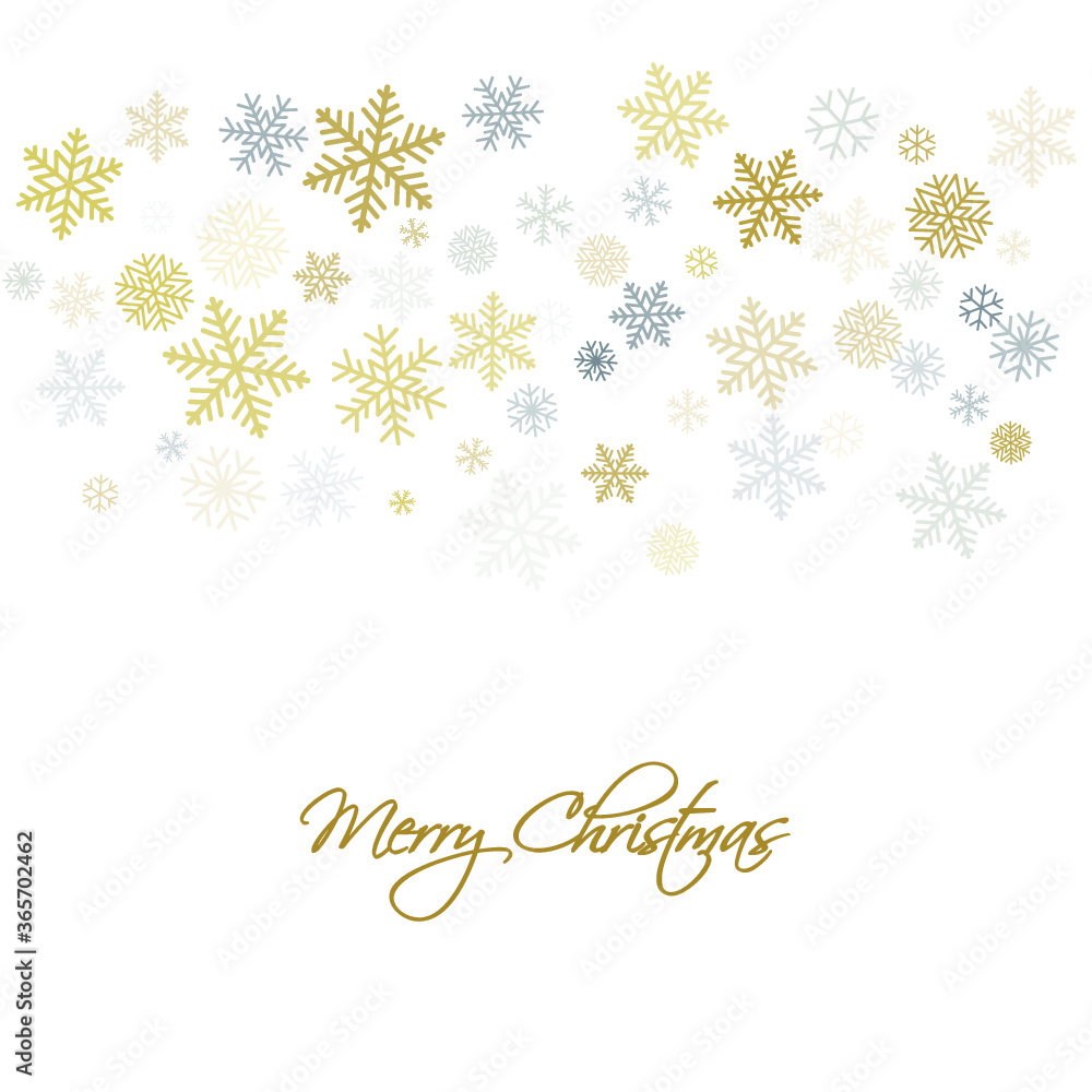 Christmas snowflakes background with place for text. Winter gold and silver snow minimal frame decoration on white, greeting card. New Year Holidays subtle backdrop. Vector illustration Christmas snowflakes background with place for text. Winter gold and silver snow minimal frame decoration on white, greeting card. New Year Holidays subtle backdrop. Vector illustration
