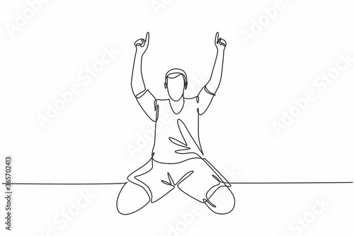 One single line drawing of young football player pointing his fingers to the sky celebrating his goal scoring at field. Match goal celebration concept continuous line draw design vector illustration