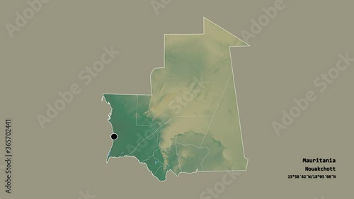 Hodh ech Chargui, region of Mauritania, with its capital, localized, outlined and zoomed with informative overlays on a relief map in the Stereographic projection. Animation 3D photo