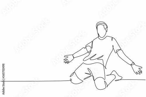 One continuous line drawing of young sporty soccer player spreading his arms and sliding over the field. Match goal scoring celebration concept single line draw design vector illustration