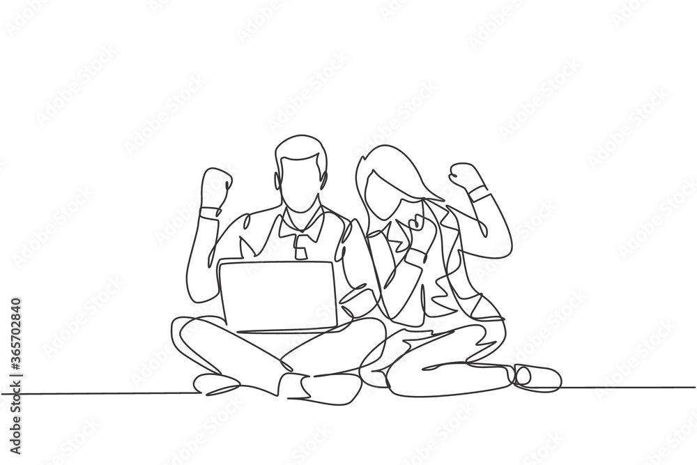 One single line drawing of young happy couple sitting on the floor while opening laptop to read business annual report. Business celebration concept continuous line draw design vector illustration