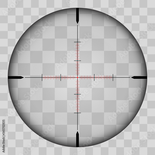 Realistic view of the area of the sniper crossroads with measures. The pattern of the sniper area stands out in a transparent tone. Inspection through the rifle sight. Vector
