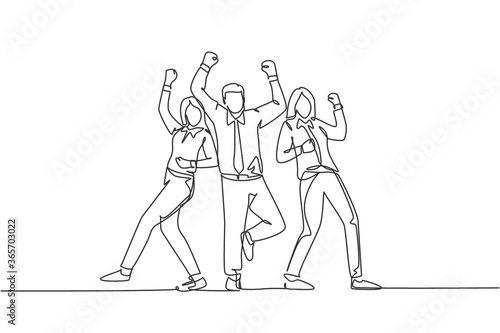 One continuous line drawing of young happy male and female company founder jumping at the meeting room together. Business teamwork celebration concept single line draw design vector illustration