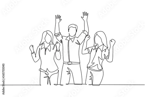 Single continuous line drawing of young happy female and male workers prancing with joy at the office room together. Business teamwork celebration concept one line draw design vector illustration