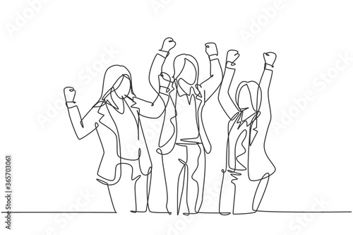 One continuous line drawing of young happy businesswomen prancing with joy at the meeting room together. Business teamwork celebration concept single line draw graphic design vector illustration