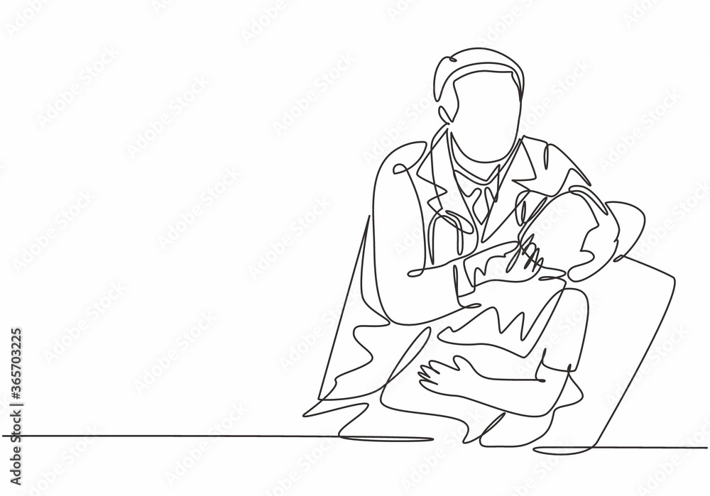 One single line drawing of young male dentist examine and pull a young boy tooth out at dental clinic. Teeth treatment health care service concept continuous line draw design vector illustration One single line drawing of young male dentist examine and pull a young boy tooth out at dental clinic. Teeth treatment health care service concept continuous line draw design vector illustration