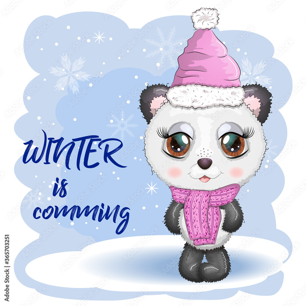 Cute cartoon panda bear with big eyes in a scarf and hat. Winter is coming.  boy and girl, greeting card Stock Vector | Adobe Stock
