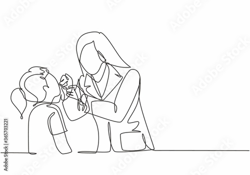 One single line drawing of young happy female dentist examining and do filling tooth to the young beautiful girl patient. Teeth treatment care concept continuous line draw design vector illustration
