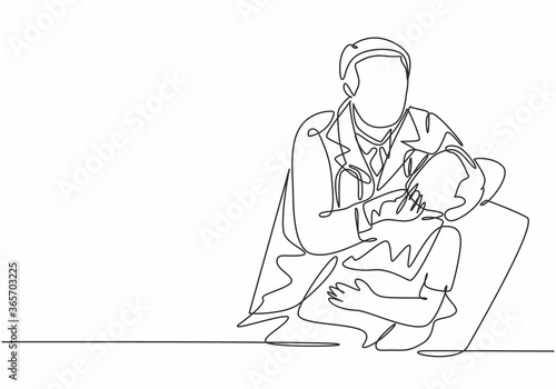 One single line drawing of young male dentist examine and pull a young boy tooth out at dental clinic. Teeth treatment health care service concept continuous line draw design vector illustration