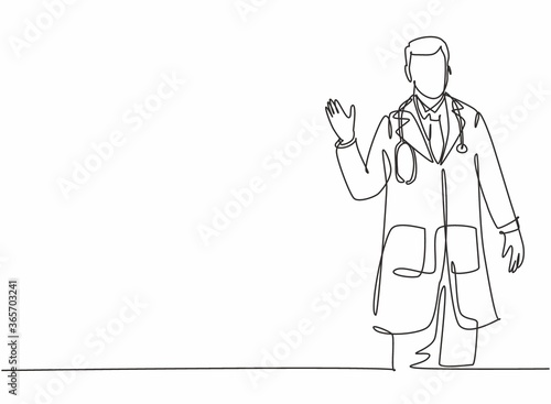 Single continuous line drawing of young happy male doctor giving warm welcome greeting gesture to the patients. Medical health care service workers concept one line draw design vector illustration