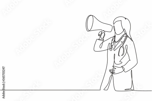 Single continuous line drawing of young female doctor announced important information to the patient using loudspeaker megaphone. Medical health worker concept one line draw design vector illustration