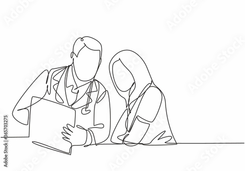One continuous line drawing of young male doctor giving consultation session to female patient while reading medical record. Hospital health care concept single line draw design vector illustration