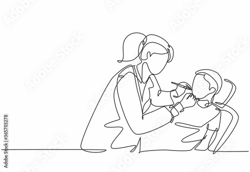 Single continuous line drawing of young happy female dentist examining boy patient condition at dental clinic. Medical health care service workers concept one line draw design vector illustration