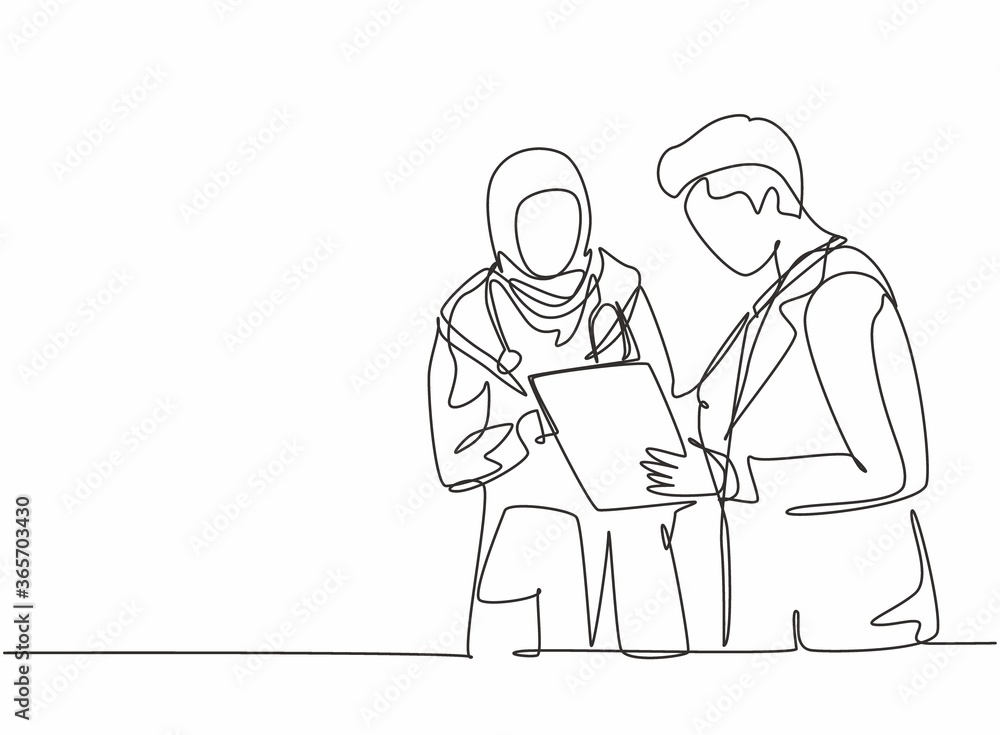 One single line drawing of young male doctor discussing with female Arabic doctor while standing at the hospital hallway. Medical health care concept continuous line draw design vector illustration One single line drawing of young male doctor discussing with female Arabic doctor while standing at the hospital hallway. Medical health care concept continuous line draw design vector illustration