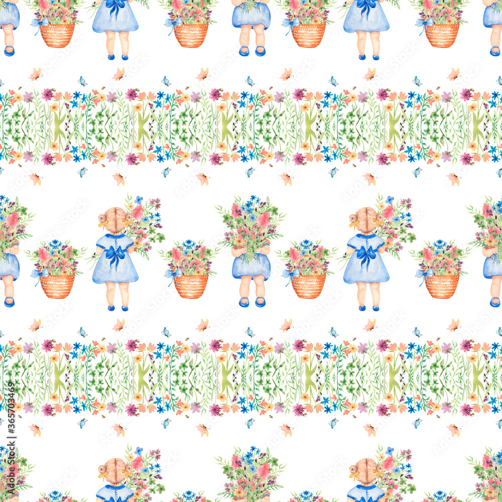 Obraz premium Watercolor summer seamless pattern with little girl in pretty blue dress holding a bouquet of flowers in hands. Hand drawn cute lady with bunch of fresh cut of wildflowers. Herbs paper.