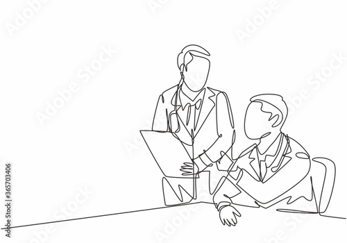 One continuous line drawing of two young doctor discuss and diagnosing patient illness from their x-ray photo result. Hospital health care service concept single line draw design vector illustration