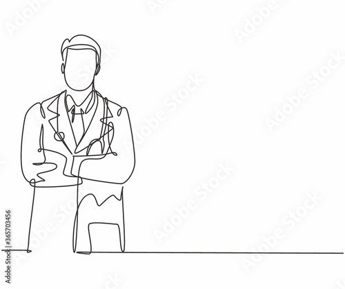 Single continuous line drawing of young happy male doctor pose standing manly cross his hand on chest. Medical health care service workers concept one line draw design vector graphic illustration