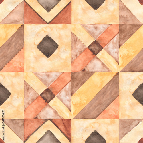 Watercolor seamless tile pattern, vintage Boho Tile illustration, Marrakech Mosaic, Ethic, Ornamental Pattern, hand drawn Beige , orange and brown Trendy clipart.
