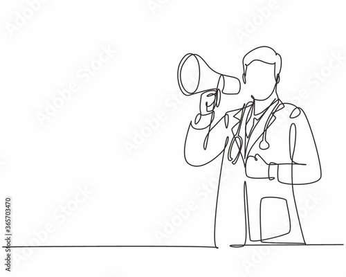 Single continuous line drawing of young male doctor pointing finger to something and holding megaphone loudspeaker at hospital. Medical health workers concept one line draw design vector illustration