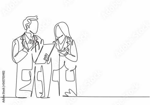 Single continuous line drawing of young male and female doctors talking and discussing patient medical record. Medical health workers service concept one line draw design graphic vector illustration