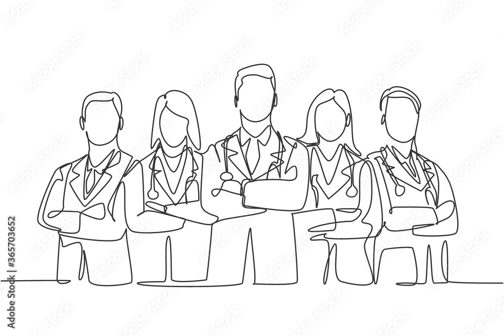 Single continuous single line drawing group of young promising doctor posing standing and cross hands on chest together at hospital. Medical teamwork concept one line draw design vector illustration Single continuous single line drawing group of young promising doctor posing standing and cross hands on chest together at hospital. Medical teamwork concept one line draw design vector illustration
