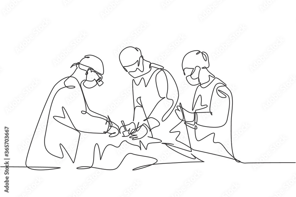 Single continuous single line drawing group of team surgeon doctor doing surgery operation to the patient with critical condition. Operating surgery concept one line draw design vector illustration